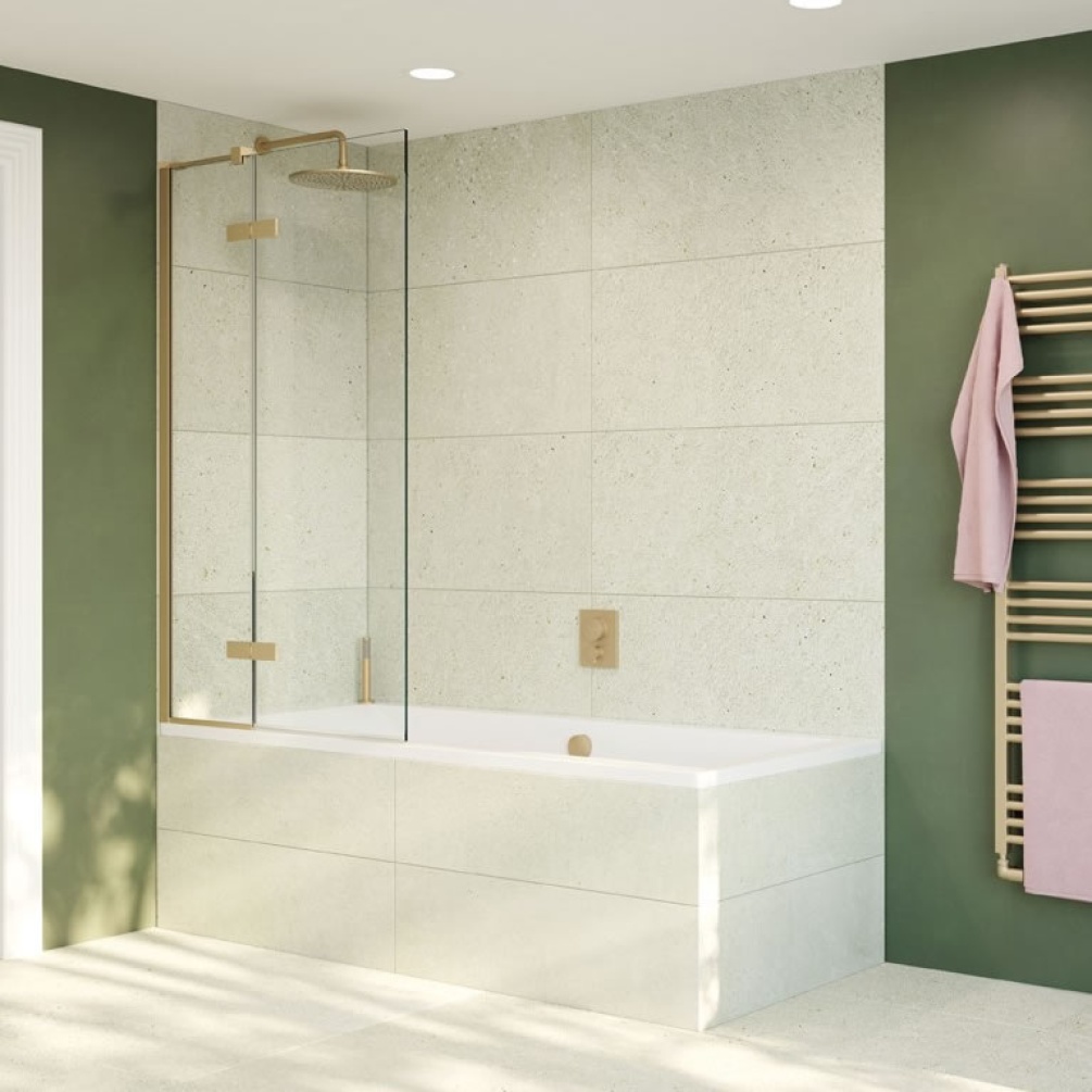 Lifestyle image of Crosswater Optix 10 Brushed Brass Bath Screen with Inline Panel Left Hand